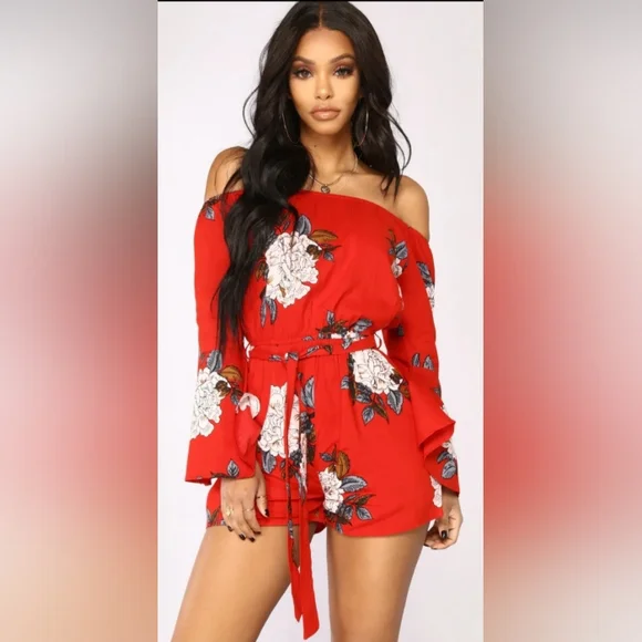 Fashion Nova Red Floral Off-Shoulder Romper NWT - Picture 1 of 2